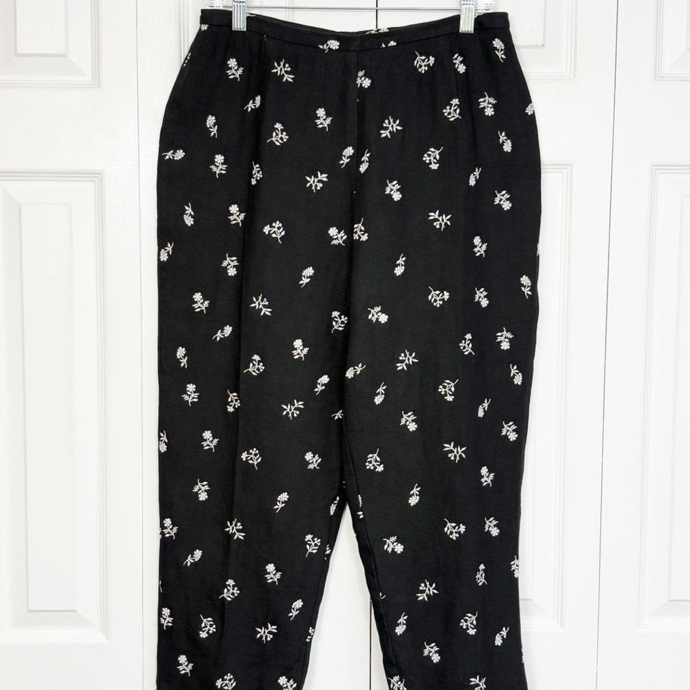 Vintage Talbots Black Floral Embroidered Linen High-Rise Crop Pants 12